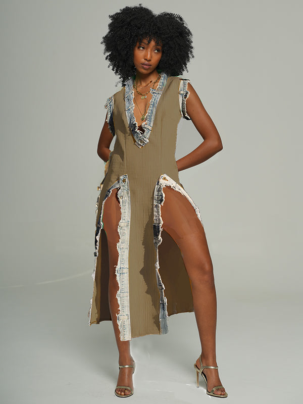 Denim-Combo V-Neck Slit Dress -- sold out