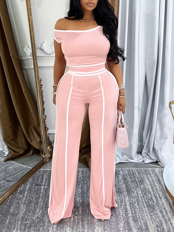 Piping Off-Shoulder Top & Pants Set