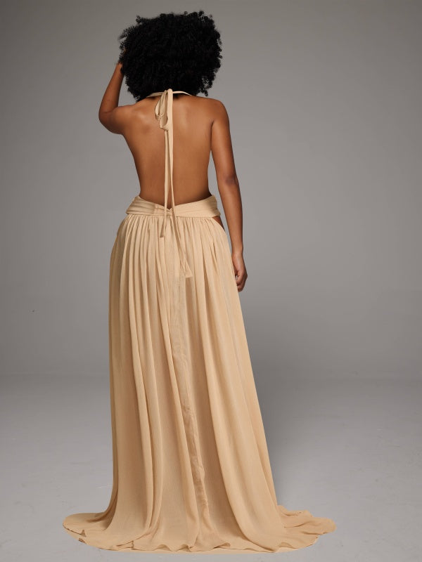 Solid Halter Pleated Maxi Dress