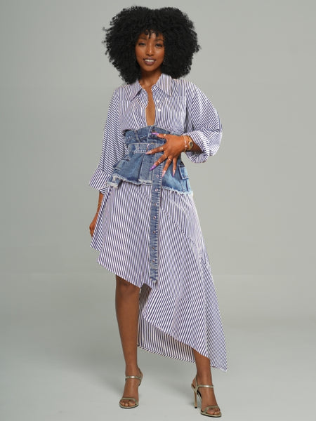 Stripe Shirt Dress with Denim Skirt
