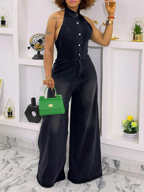 Halter Button-Front Denim Jumpsuit
