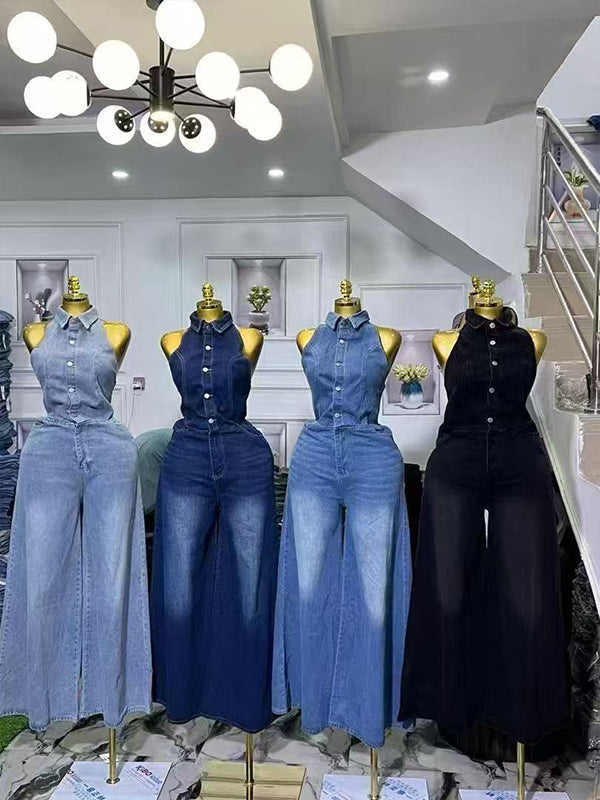 Halter Button-Front Denim Jumpsuit
