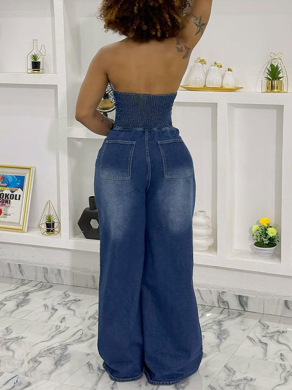 Halter Button-Front Denim Jumpsuit