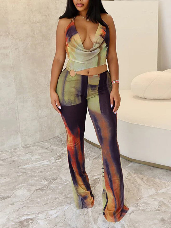 Printed Halter Cutout Jumpsuit