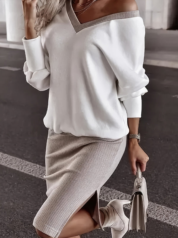 V-Neck Sweatshirt & Slit Skirt Set