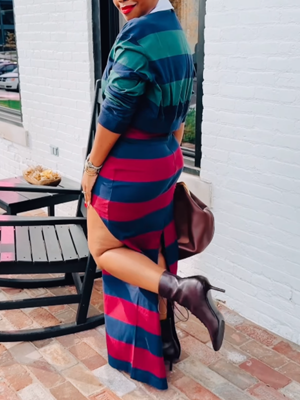 Stripe Polo Top & Slit Skirt Set