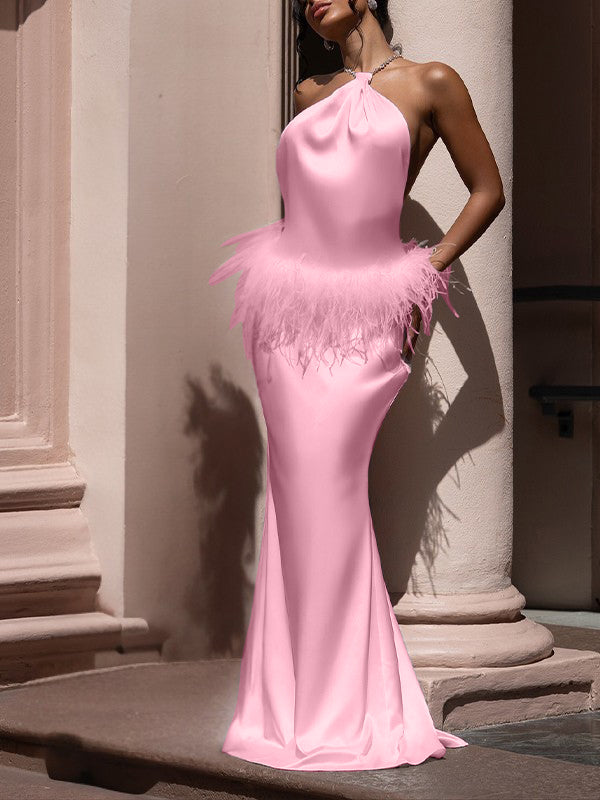 Feather-Combo Halter Dress