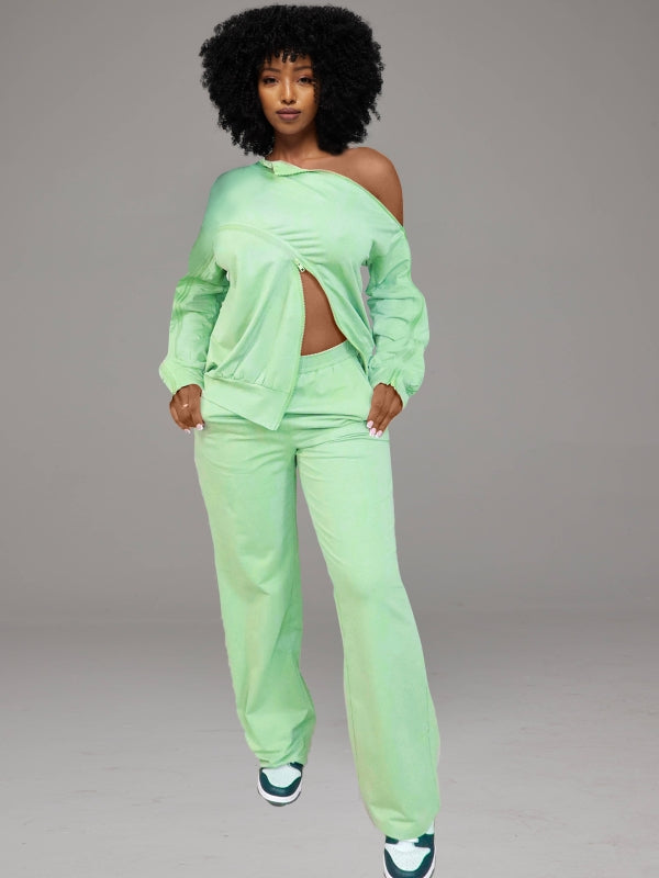 Solid Zip Sweatshirt & Pants Set