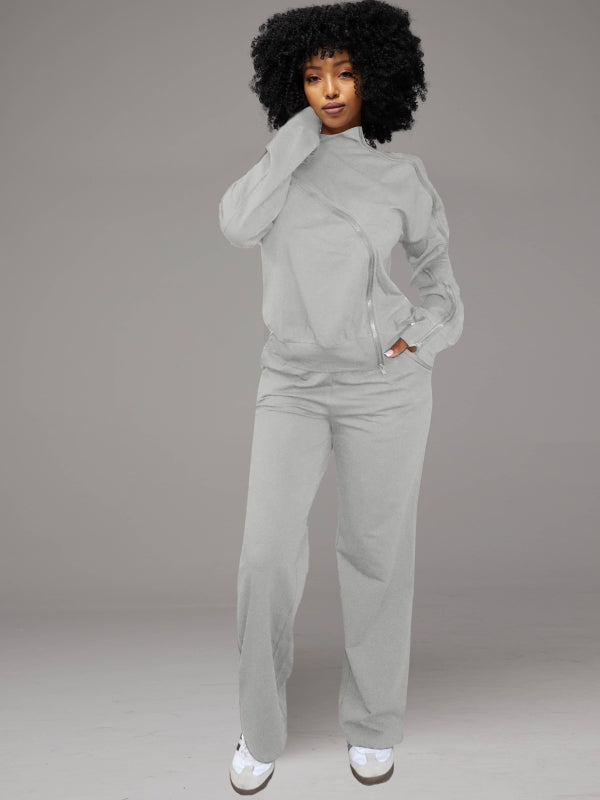 Solid Zip Sweatshirt & Pants Set