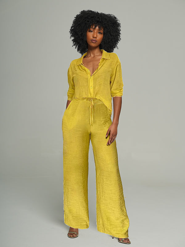 Solid Shirt & Wide-Leg Pants Set