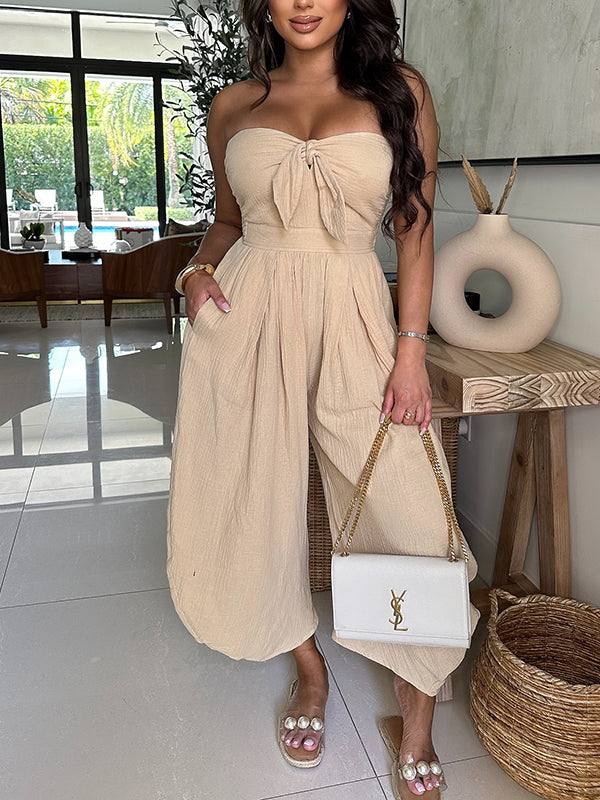 Solid Strapless Tied Wide-Leg Jumpsuit