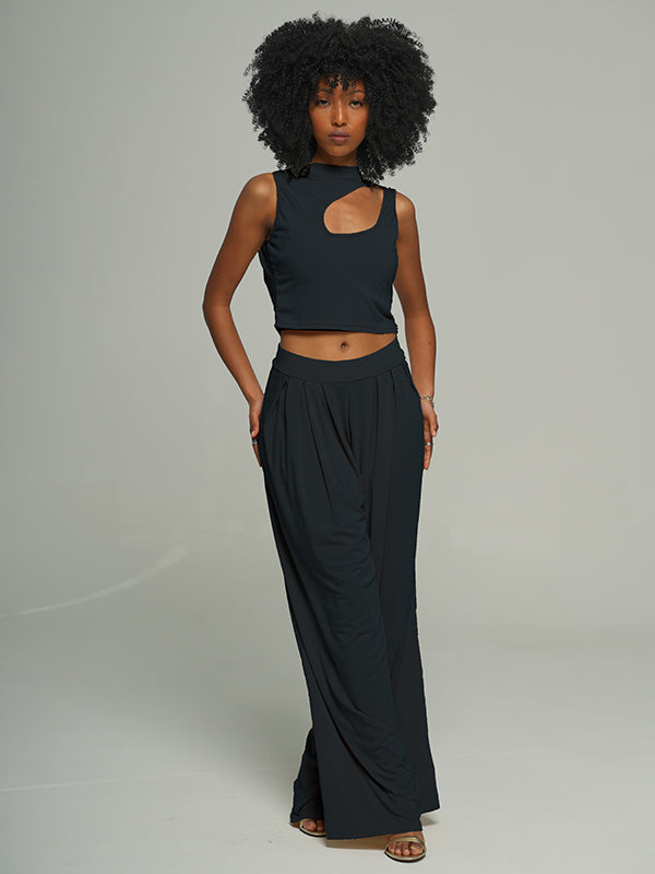 Cutout Top & Wide-Leg Pants Set