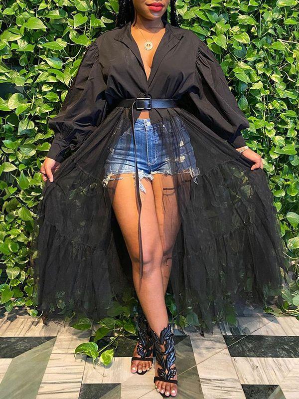 Tulle-Combo Puff-Sleeve Shirt