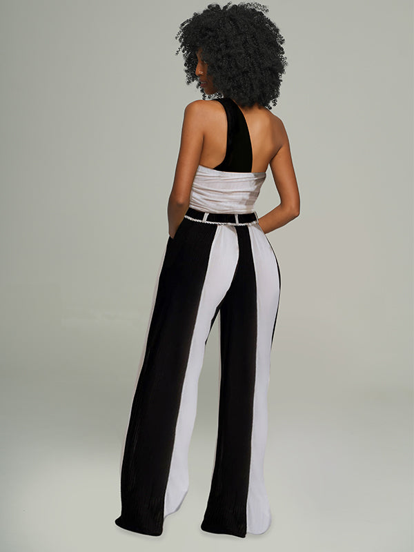 Two-Tone Lace-Up Top & Wide-Leg Pants Set -- sold out