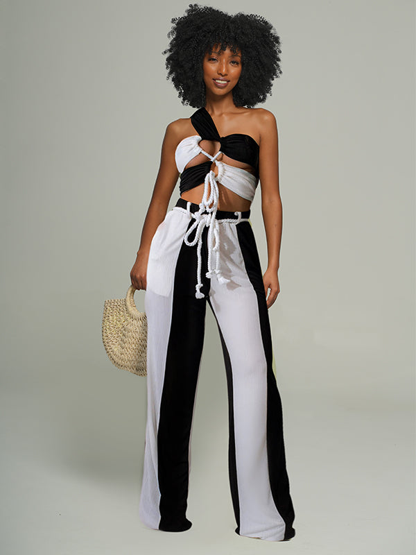 Two-Tone Lace-Up Top & Wide-Leg Pants Set -- sold out