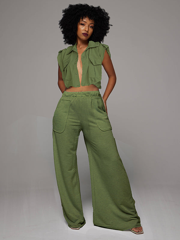 Solid Cargo Shirt & Wide-Leg Pants Set -- sold out