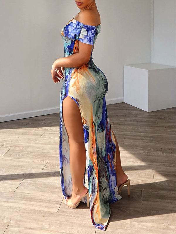 Printed Off-Shoulder Side-Slit Dress