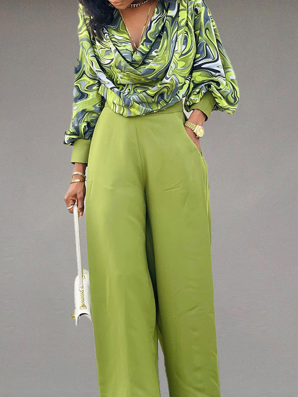 Printed Cowl Neck Blouse & Wide-Leg Pants Set