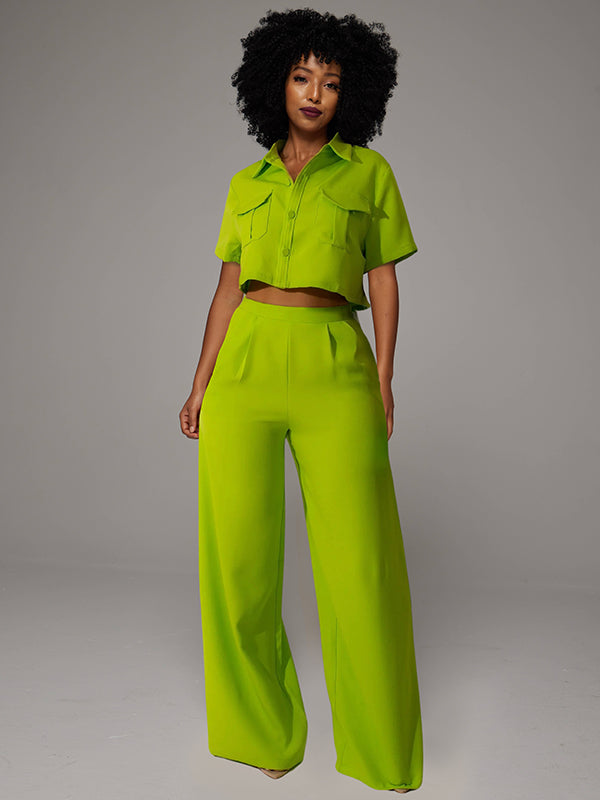 Crop Shirt & Wide-Leg Pants Set -- sold out