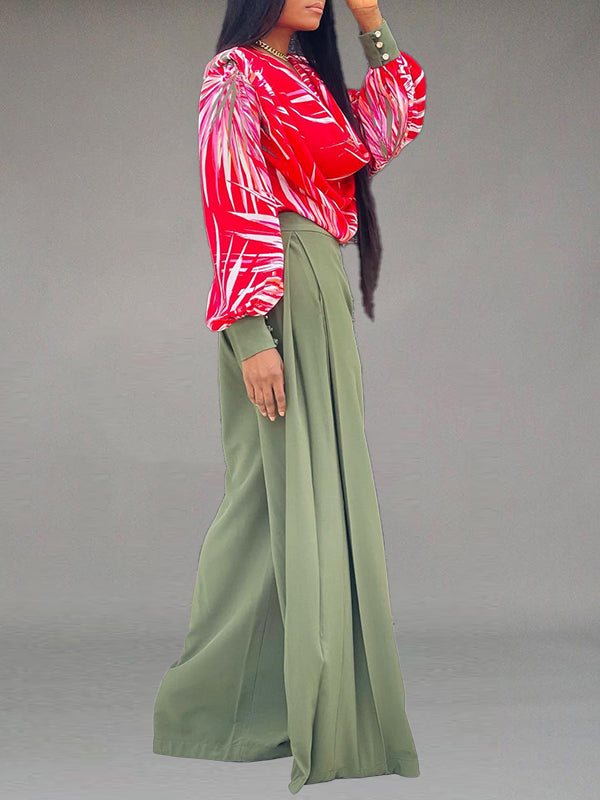 Printed Cowl Neck Blouse & Wide-Leg Pants Set