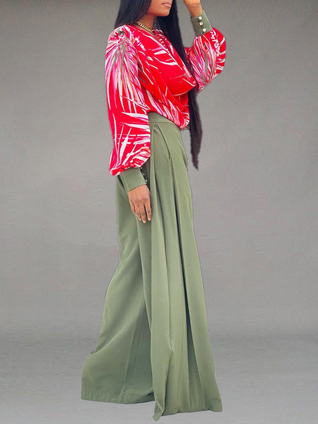 Printed Cowl Neck Blouse & Wide-Leg Pants Set