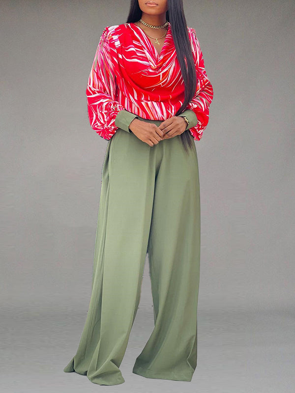 Printed Cowl Neck Blouse & Wide-Leg Pants Set