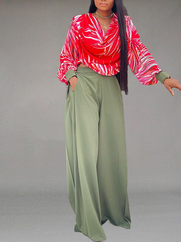 Printed Cowl Neck Blouse & Wide-Leg Pants Set