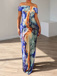 Printed Off-Shoulder Side-Slit Dress