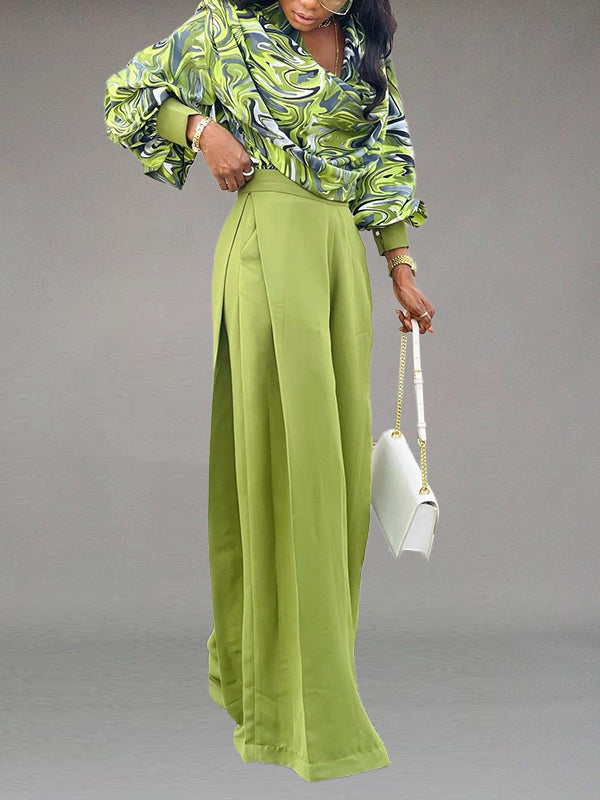 Printed Cowl Neck Blouse & Wide-Leg Pants Set