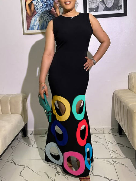 Colorful Circular Print & Cut-Out Dress