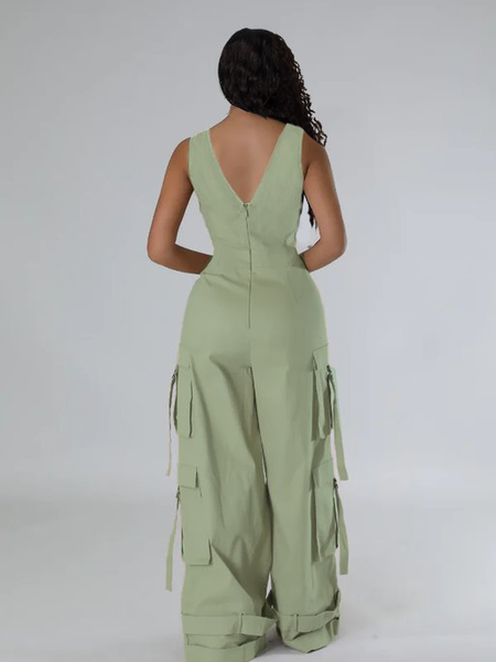 V-Neck Sleeveless Cargo Wide-Leg Jumpsuit