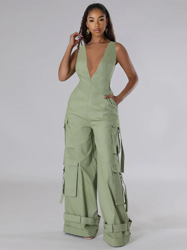 V-Neck Sleeveless Cargo Wide-Leg Jumpsuit -- pre-oder shipped on 3rd Jun