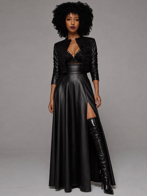 Slit Faux-Leather Skirt