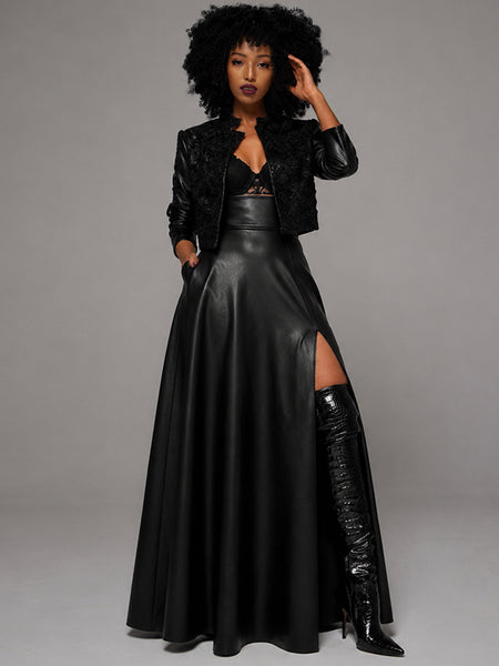 Slit Faux-Leather Skirt