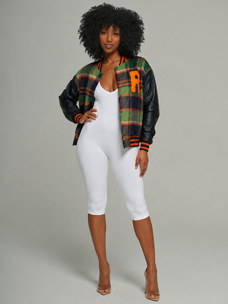 Faux-Leather Combo Plaid Bomber Jacket