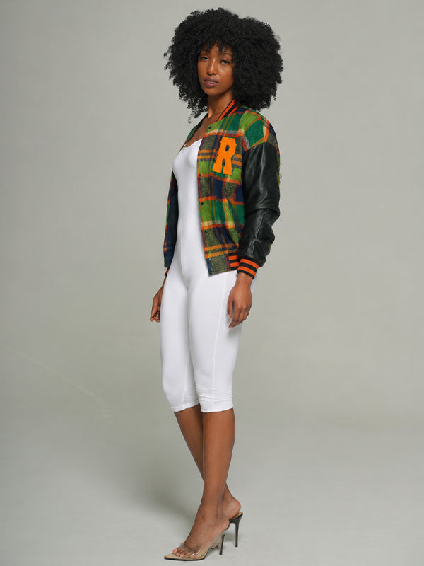 Faux-Leather Combo Plaid Bomber Jacket