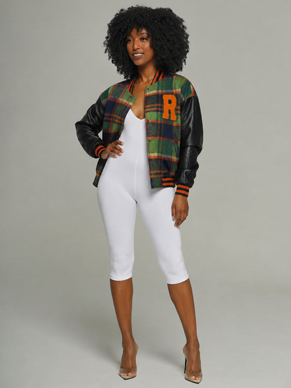Faux-Leather Combo Plaid Bomber Jacket