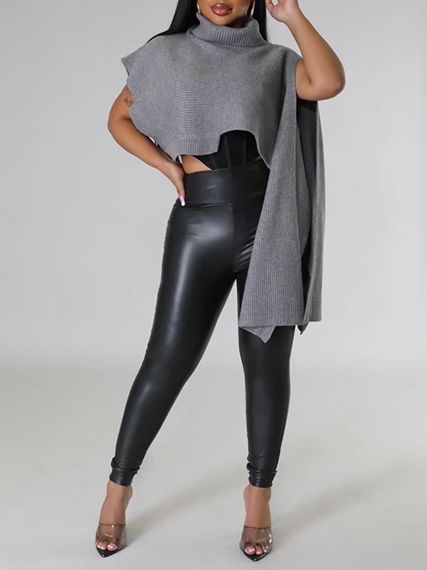 Asymmetric Turtleneck Knit Cape