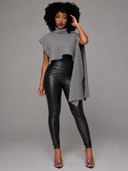 Asymmetric Turtleneck Knit Cape