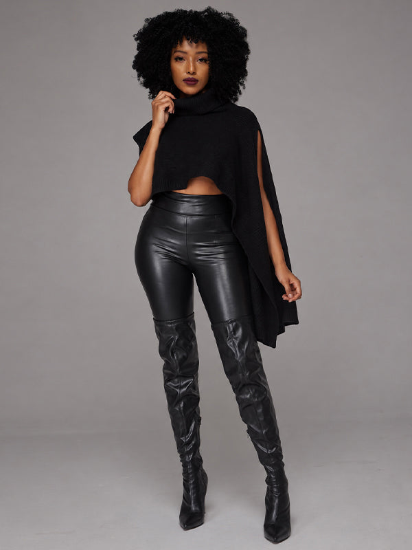 Asymmetric Turtleneck Knit Cape