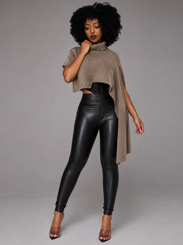 Asymmetric Turtleneck Knit Cape