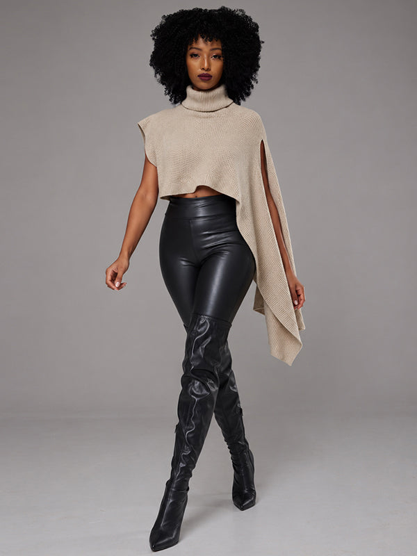 Asymmetric Turtleneck Knit Cape