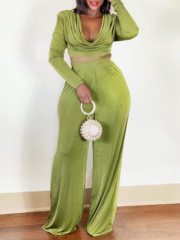 Crowl Neck Top & Wide Leg Pants Velvet Set