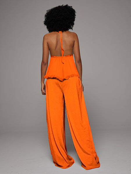 Halter Peplum Top & Wide-Leg Pants Set -- sold out