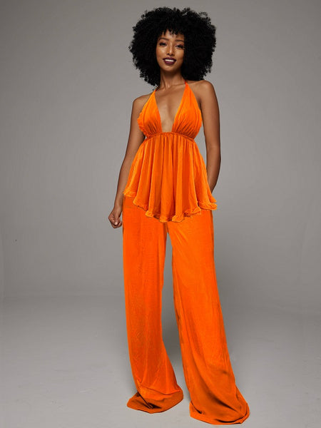 Halter Peplum Top & Wide-Leg Pants Set -- sold out
