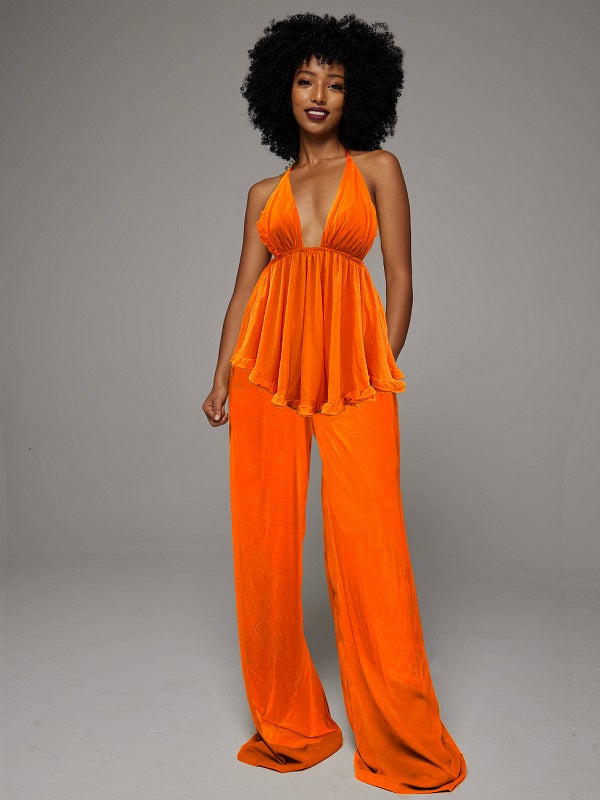 Halter Peplum Top & Wide-Leg Pants Set -- sold out