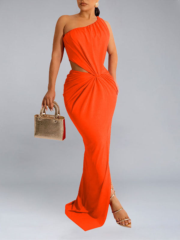 Solid One-Shoulder Twisted Dress