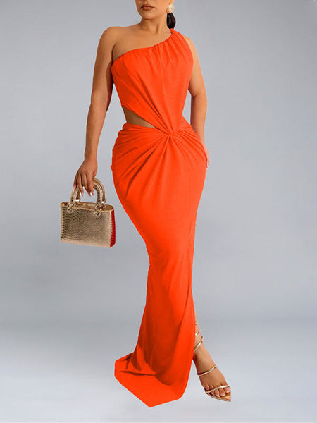 Solid One-Shoulder Twisted Dress