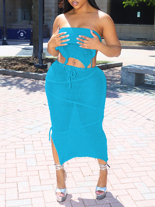 Knit Tied Top & Slit Skirt Set