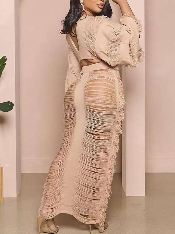 Shredded Crop Kimono & Skirt Set